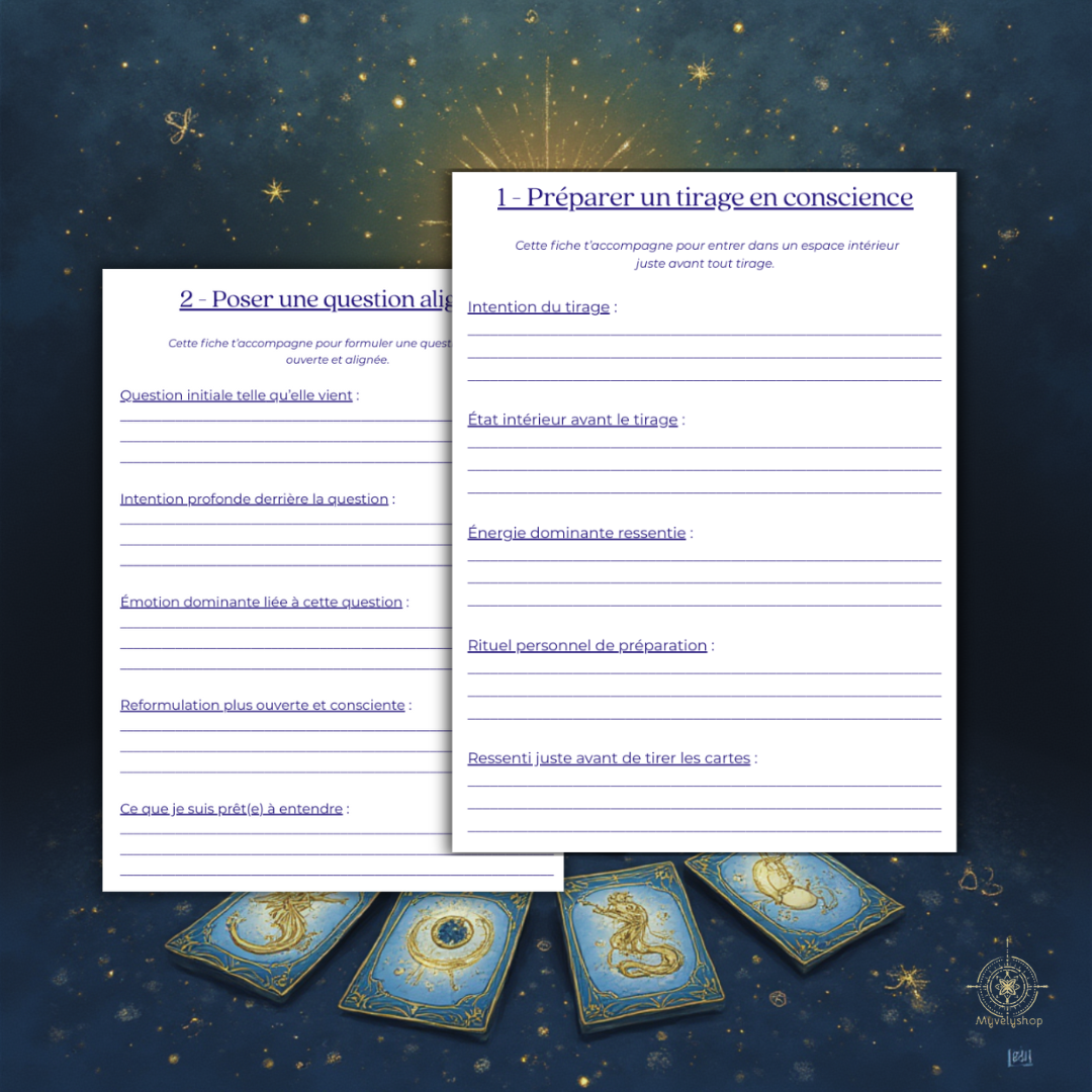 Fiche pratique PDF initiation oracle et tirage de cartes sur fond étoilé bleu nuit - Myvelyshop