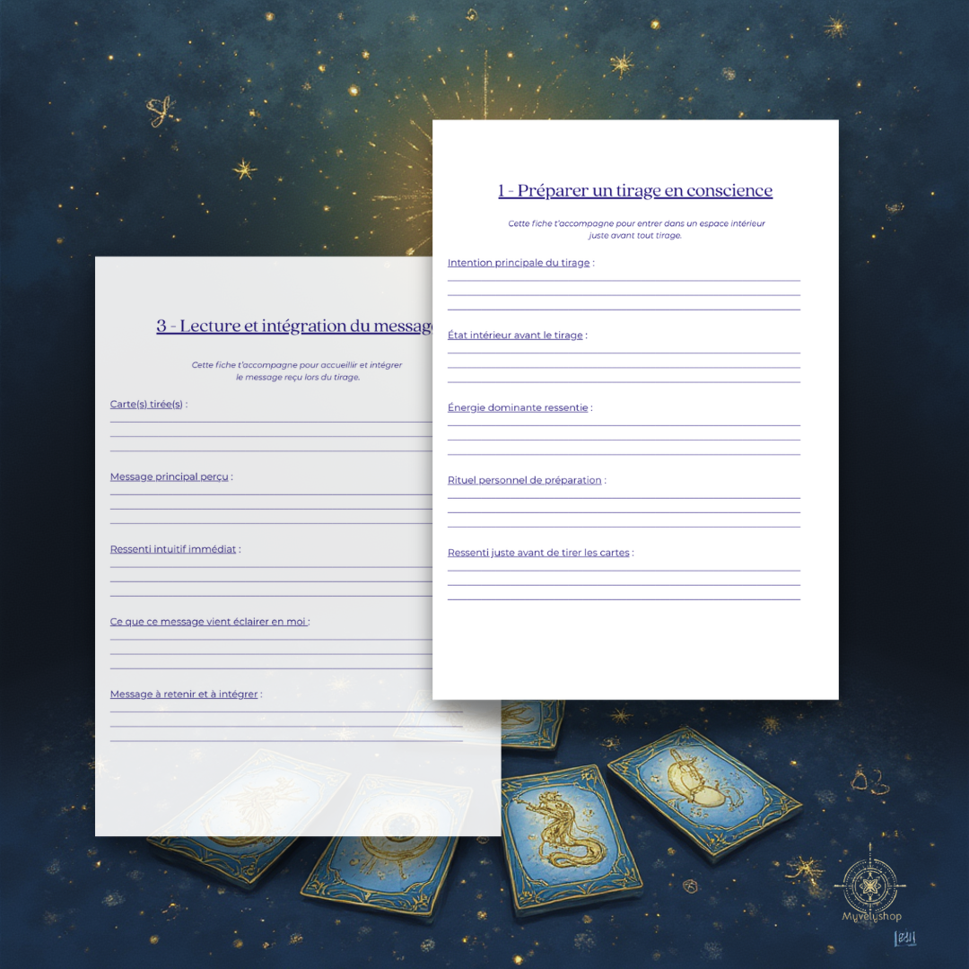 Fiche pratique PDF initiation oracle et tirage de cartes sur fond étoilé bleu nuit - Myvelyshop