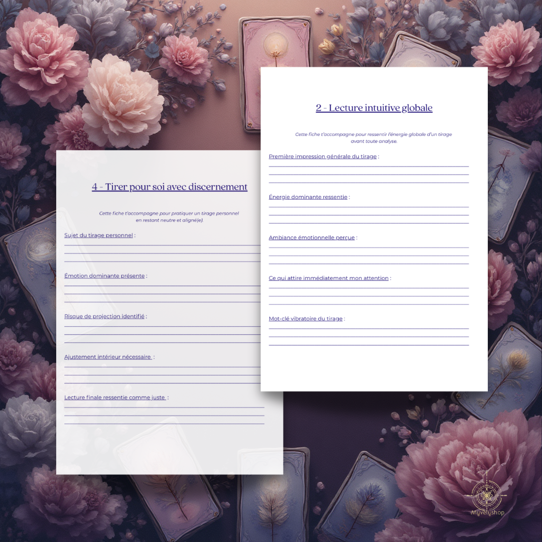 Guide numérique pour rituels de tirage de cartes et guidance intuitive avec décor floral