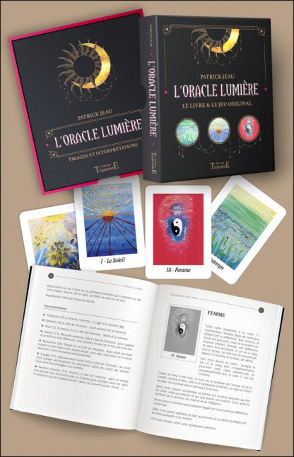 Présentation d'un rituel avec l'Oracle Lumière incluant le coffret, le livre d'interprétations et le jeu de 52 cartes magnifiquement illustrées.