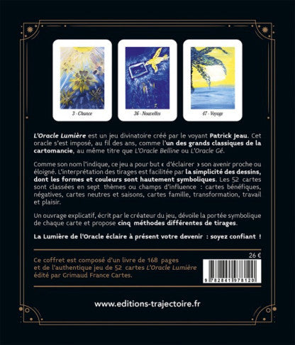 Verso du coffret détaillant la symbolique des cartes et les cinq méthodes de tirage pour éclairer ton avenir avec clarté.