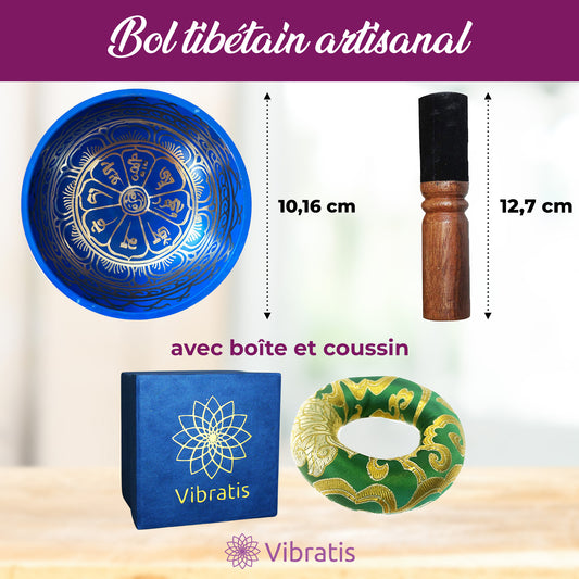 dimension du Bol chantant tibétain en bronze bleu avec son maillet en bois et coussin assorti