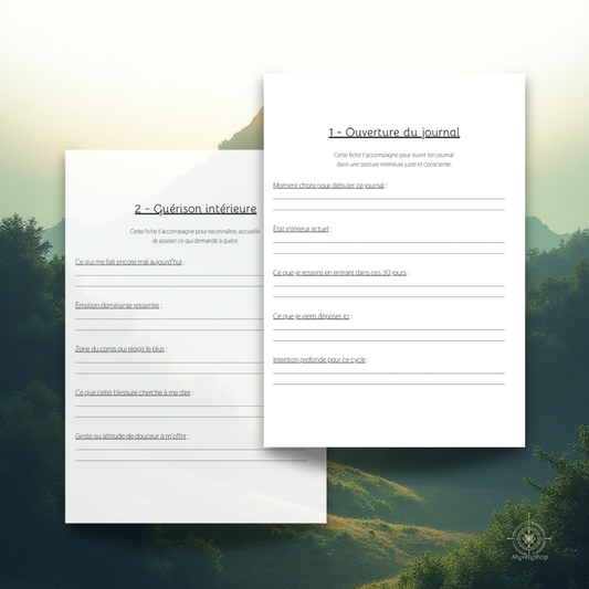 Sommaire de l'e-book Journal d'âme par Myvelyshop - 30 jours pour guérir et s'aligner à son essence.