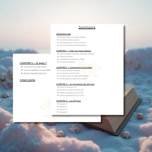 Sommaire de l'e-book Le Journal Spirituel par Myvelyshop - 30 jours pour développer son intuition.