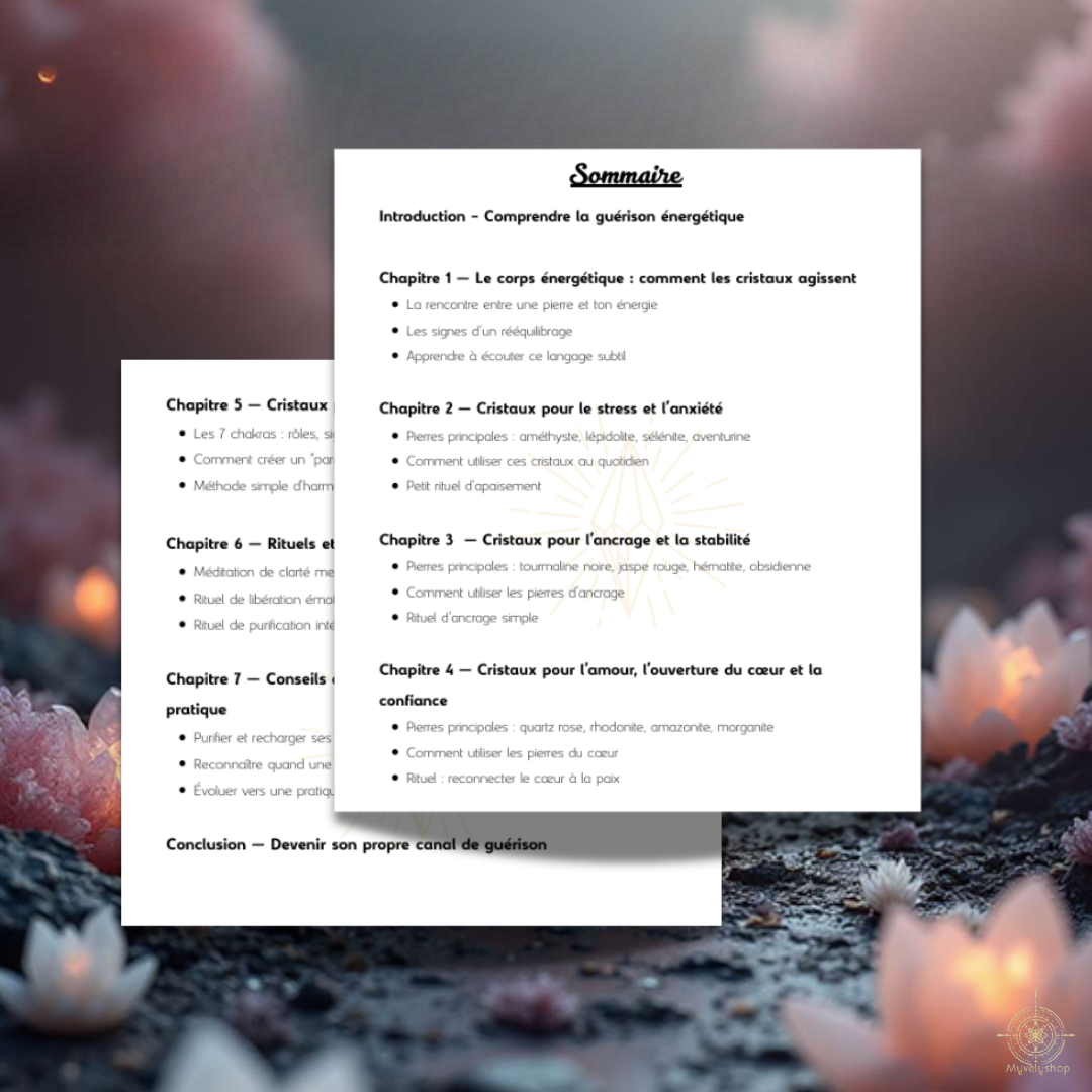 Sommaire de l'e-book Les Cristaux de Guérison par Myvelyshop - Guide pour équilibrer son énergie et apaiser son esprit.