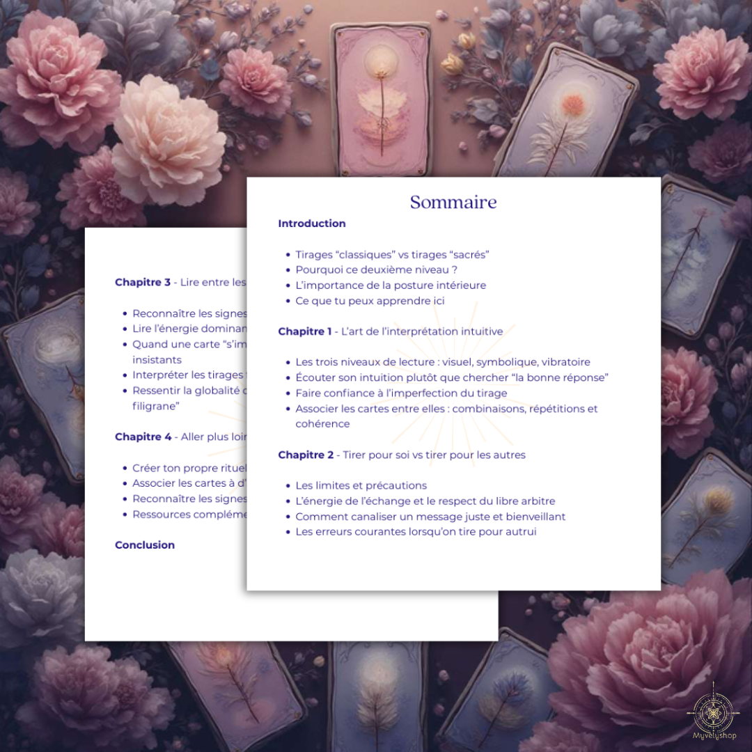 Sommaire de l'e-book Les Tirages Sacrés par Myvelyshop - Guide de guidance spirituelle.