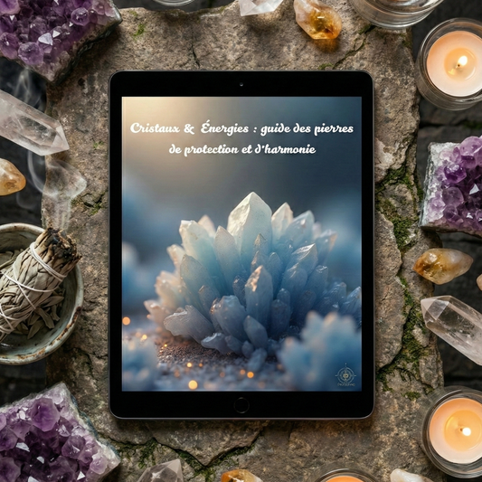Mockup de Couverture de l'e-book Cristaux et Énergies par Myvelyshop - Guide des pierres de protection et d'harmonie.