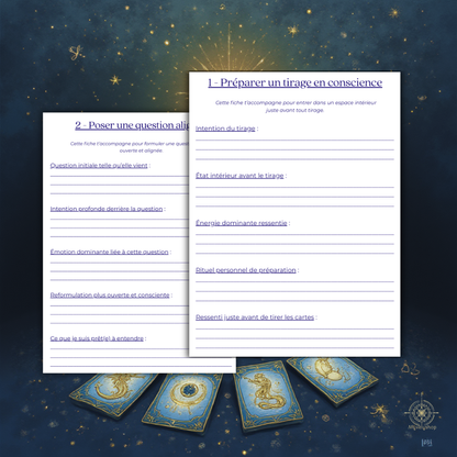 Fiche pratique PDF initiation oracle et tirage de cartes sur fond étoilé bleu nuit - Myvelyshop
