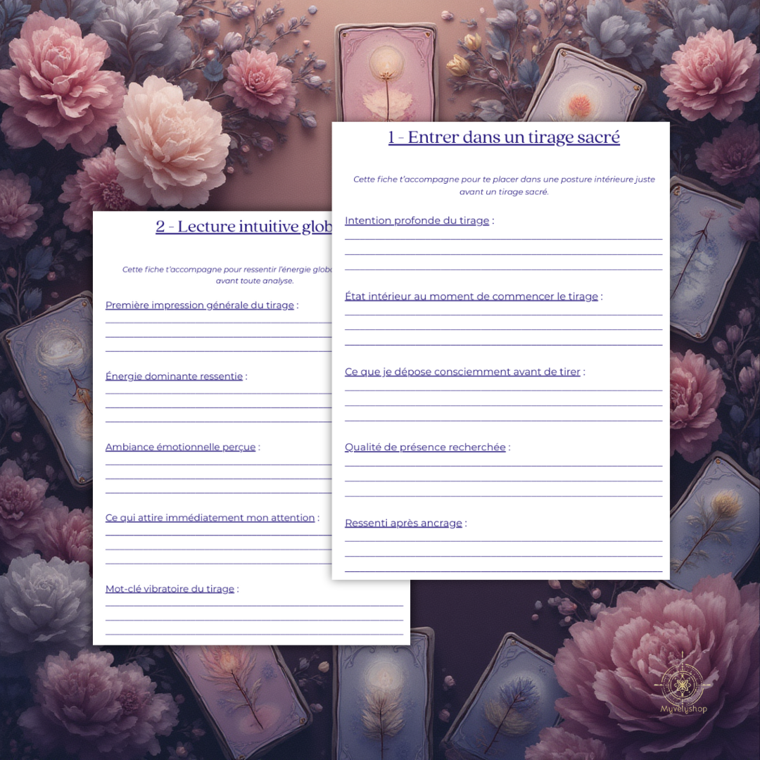 Guide numérique pour rituels de tirage de cartes et guidance intuitive avec décor floral