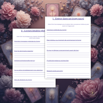 Guide numérique pour rituels de tirage de cartes et guidance intuitive avec décor floral