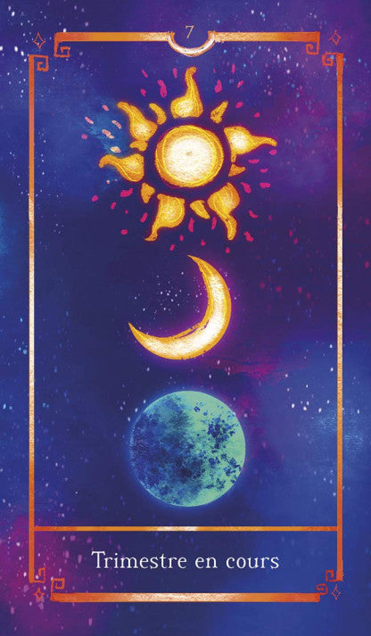 Aperçu des cartes illustrées de l'Oracle des Medéores étalées sur une table trimestre en cours