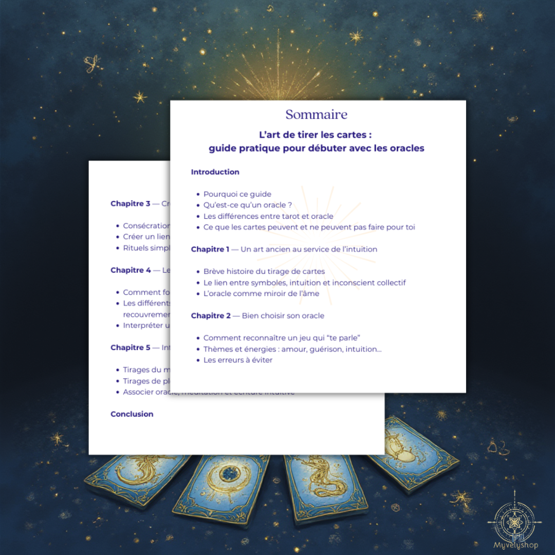 Page Sommaire du guide pratique "L'art de tirer les cartes" pour débuter avec les oracles par Myvelyshop