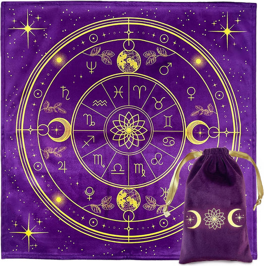 Vibratis Tapis Voyance et Pochon, Tapis Oracle pour Cartes et Tarot Divinatoire, Nappe d'Autel en Velours pour Cartomancie et Pendule Divinatoire