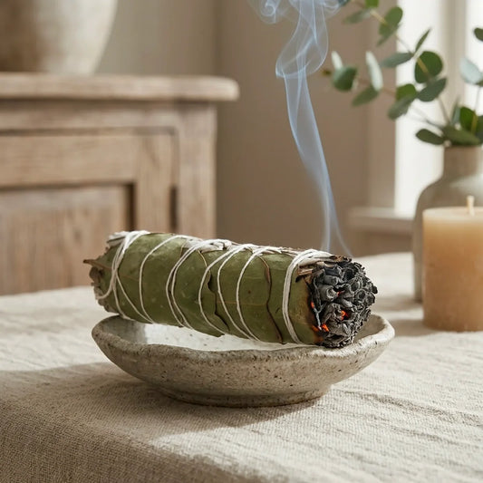 Bâton de sauge blanche et eucalyptus allumé dégageant une volute de fumée sur une coupelle en céramique près d'une bougie - Myvelyshop