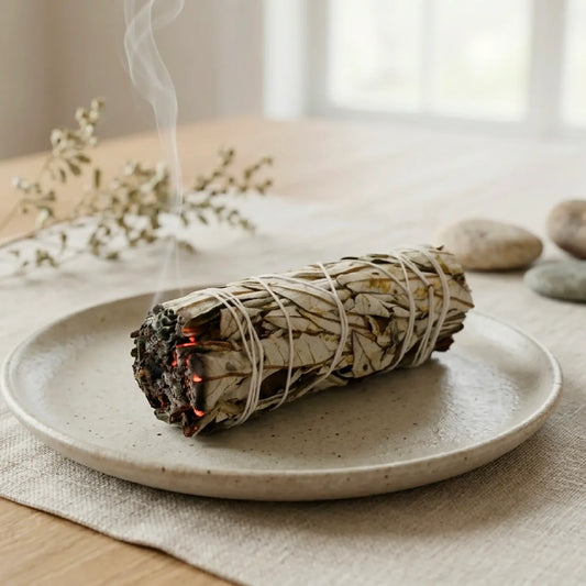Bâton de Yerba Santa allumé dégageant une fine fumée de purification sur une coupelle en céramique claire - Myvelyshop
