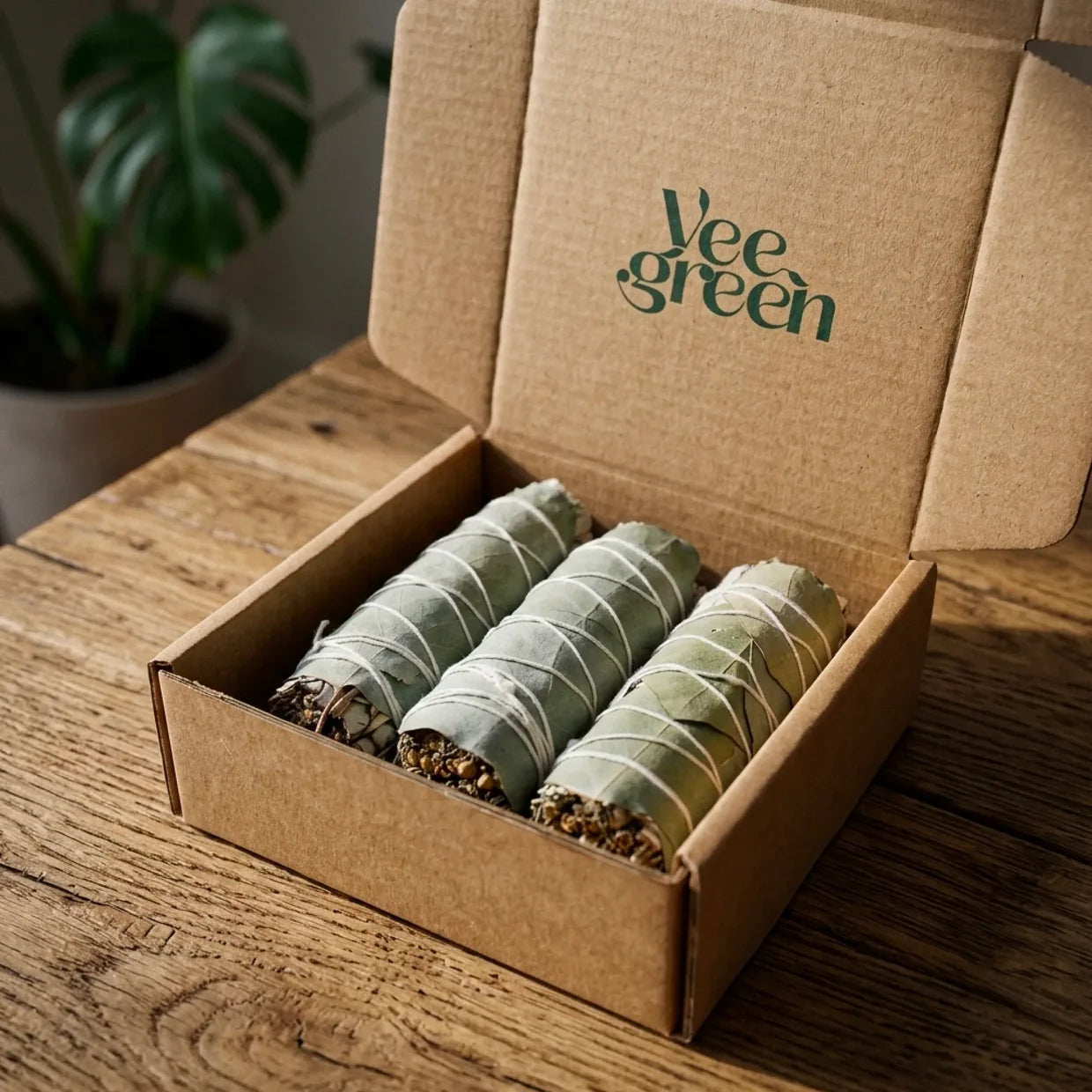 Coffret kraft ouvert contenant 3 bâtons de fumigation de sauge blanche enrobés d'eucalyptus posé sur une table en bois clair - Myvelyshop