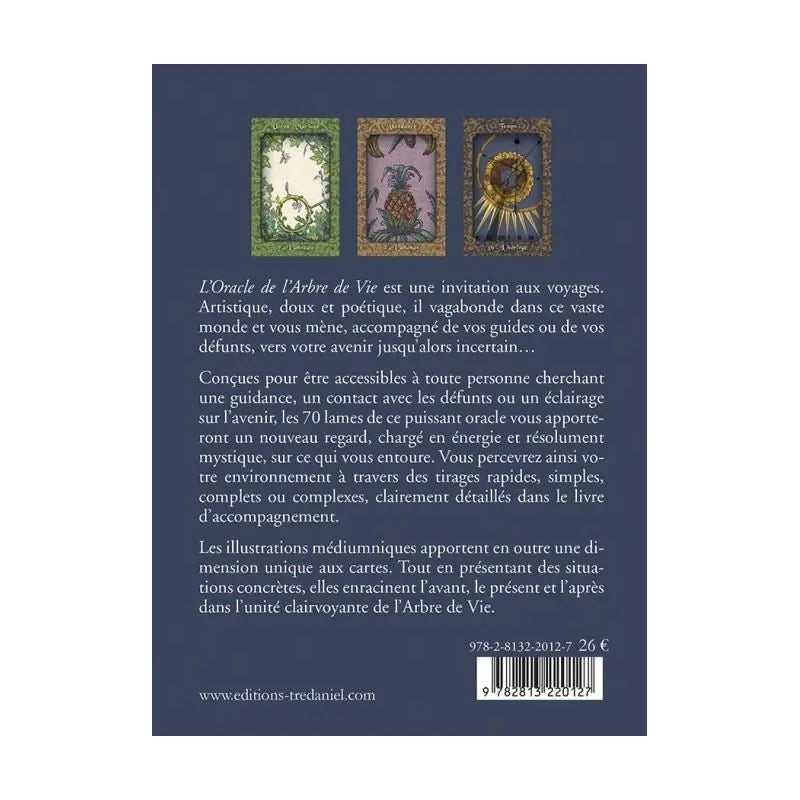 Dos du coffret de l'Oracle de l'Arbre de Vie expliquant les tirages médiumniques et la connexion avec les guides et défunts.