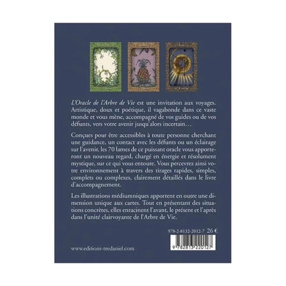 Dos du coffret de l'Oracle de l'Arbre de Vie expliquant les tirages médiumniques et la connexion avec les guides et défunts.