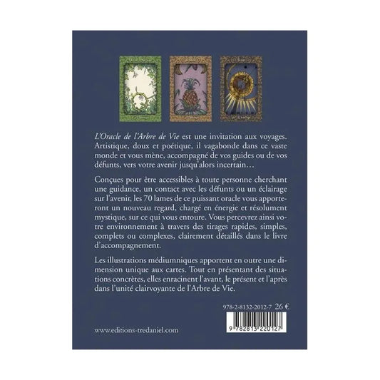 Dos du coffret de l'Oracle de l'Arbre de Vie expliquant les tirages médiumniques et la connexion avec les guides et défunts.