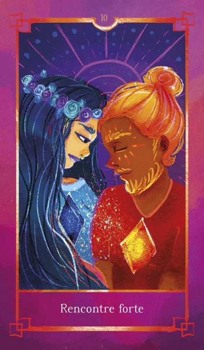 Aperçu des cartes illustrées de l'Oracle des Medéores étalées sur une table rencontre forte