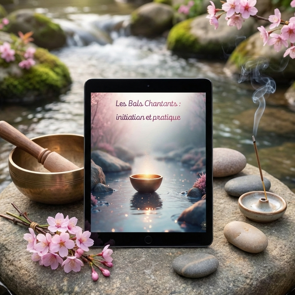 Mockup de l'e-book Les Bols Chantants par Myvelyshop - Guide d'initiation aux vibrations et à la relaxation sonore.