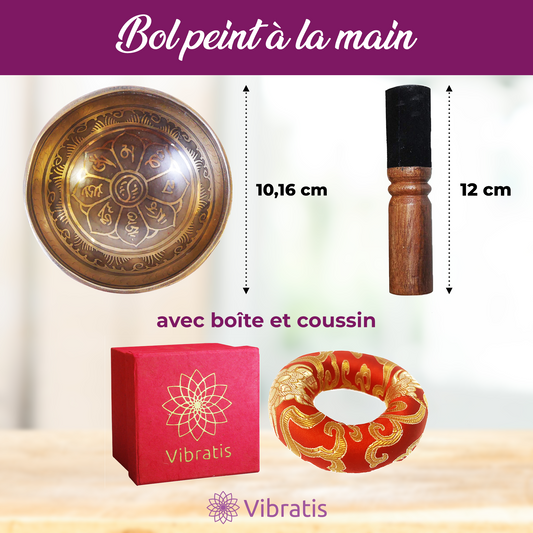 dimension du Bol tibétain artisanal 7 métaux en coffret complet Myvelyshop avec maillet et boite et coussin