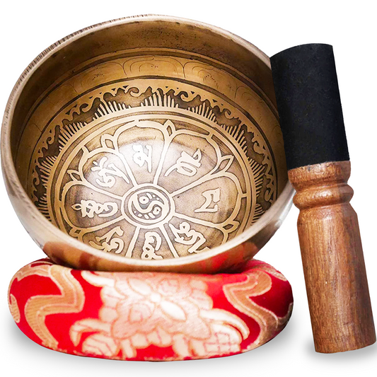 détail du coffret Bol tibétain artisanal 7 métaux en coffret complet Myvelyshop