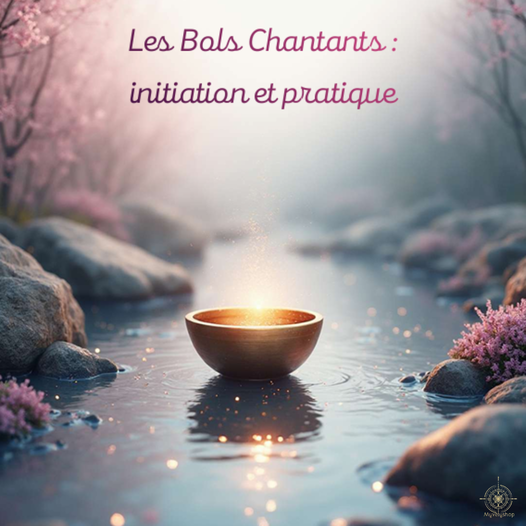 Couverture de l'e-book Les Bols Chantants par Myvelyshop - Guide d'initiation aux vibrations et à la relaxation sonore.