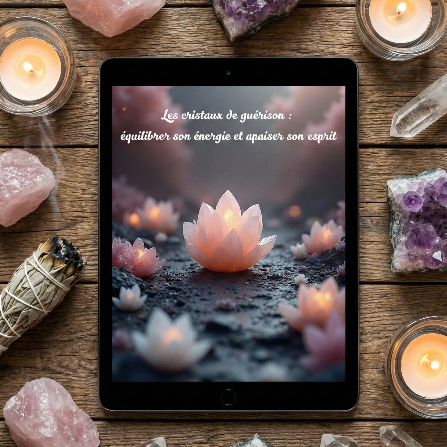 Mockup de Couverture de l'e-book Les Cristaux de Guérison par Myvelyshop - Guide pour équilibrer son énergie et apaiser son esprit.