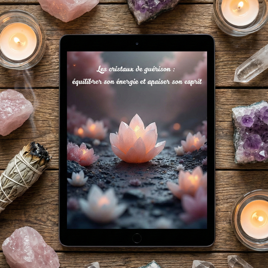 Mockup de Couverture de l'e-book Les Cristaux de Guérison par Myvelyshop - Guide pour équilibrer son énergie et apaiser son esprit.