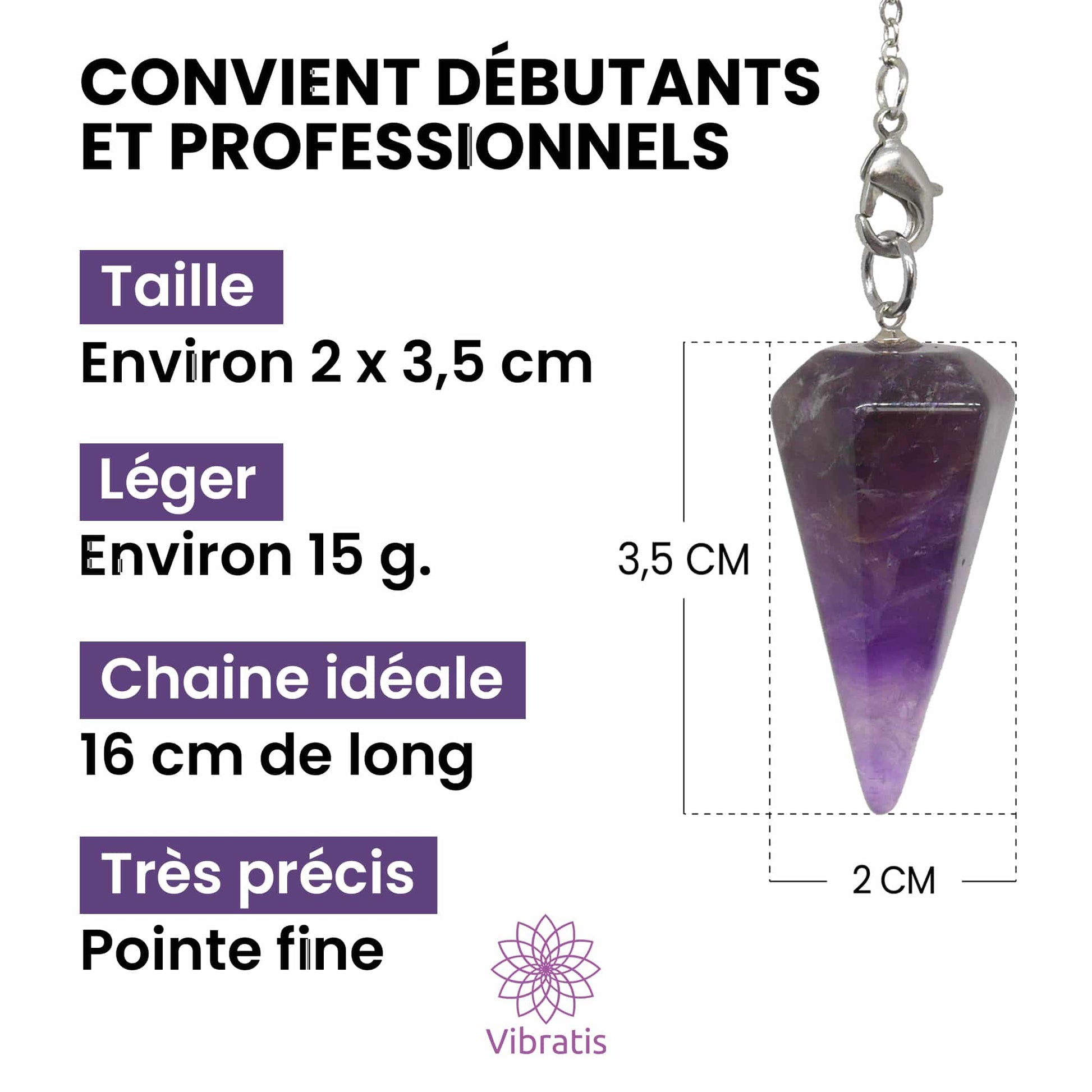 Dimension du Pendule divinatoire en pierre d'améthyste naturelle Myvelyshop