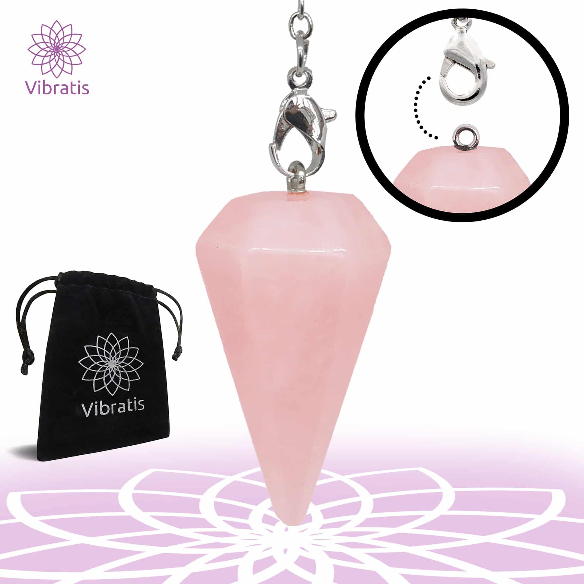 objet pochette et Pendule divinatoire en pierre de quartz rose naturelle Myvelyshop