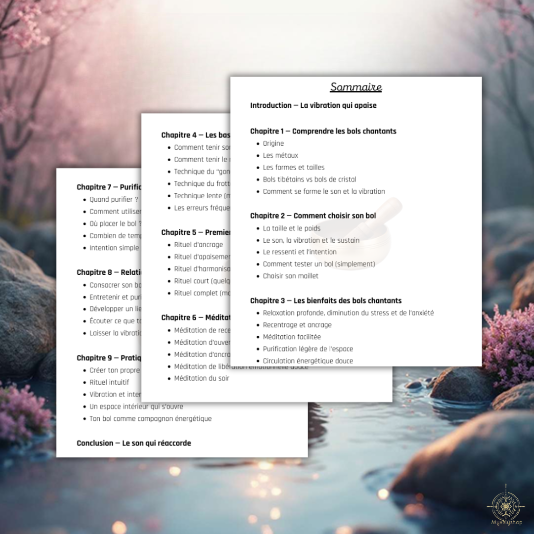 Sommaire de l'e-book Les Bols Chantants par Myvelyshop - Guide d'initiation aux vibrations et à la relaxation sonore.