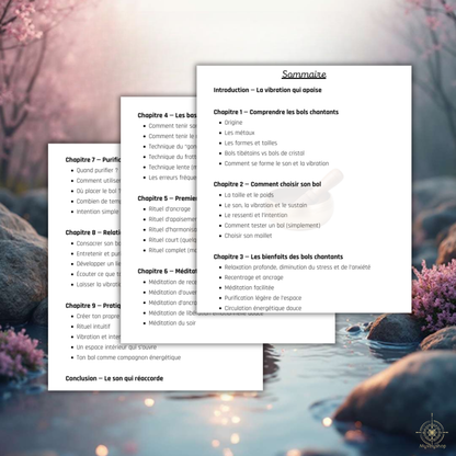 Sommaire de l'e-book Les Bols Chantants par Myvelyshop - Guide d'initiation aux vibrations et à la relaxation sonore.