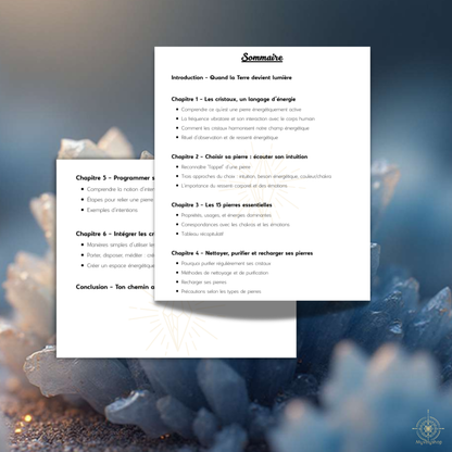Sommaire de l'e-book Cristaux et Énergies par Myvelyshop - Guide des pierres de protection et d'harmonie.