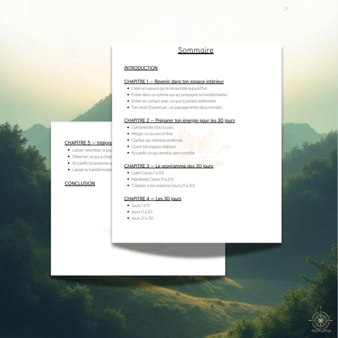 Sommaire de l'e-book Journal d'âme par Myvelyshop - 30 jours pour guérir et s'aligner à son essence.