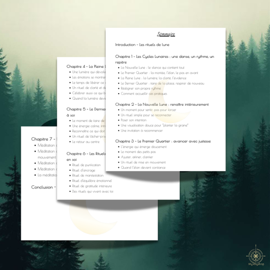 Sommaire de l'e-book Rituel de Lune par Myvelyshop - Guide pratique pour travailler avec les cycles lunaires.