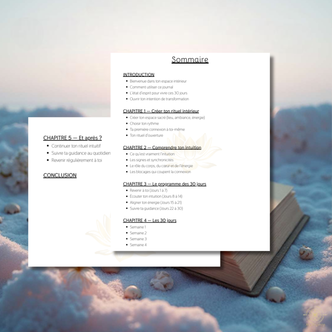 Sommaire de l'e-book Le Journal Spirituel par Myvelyshop - 30 jours pour développer son intuition.